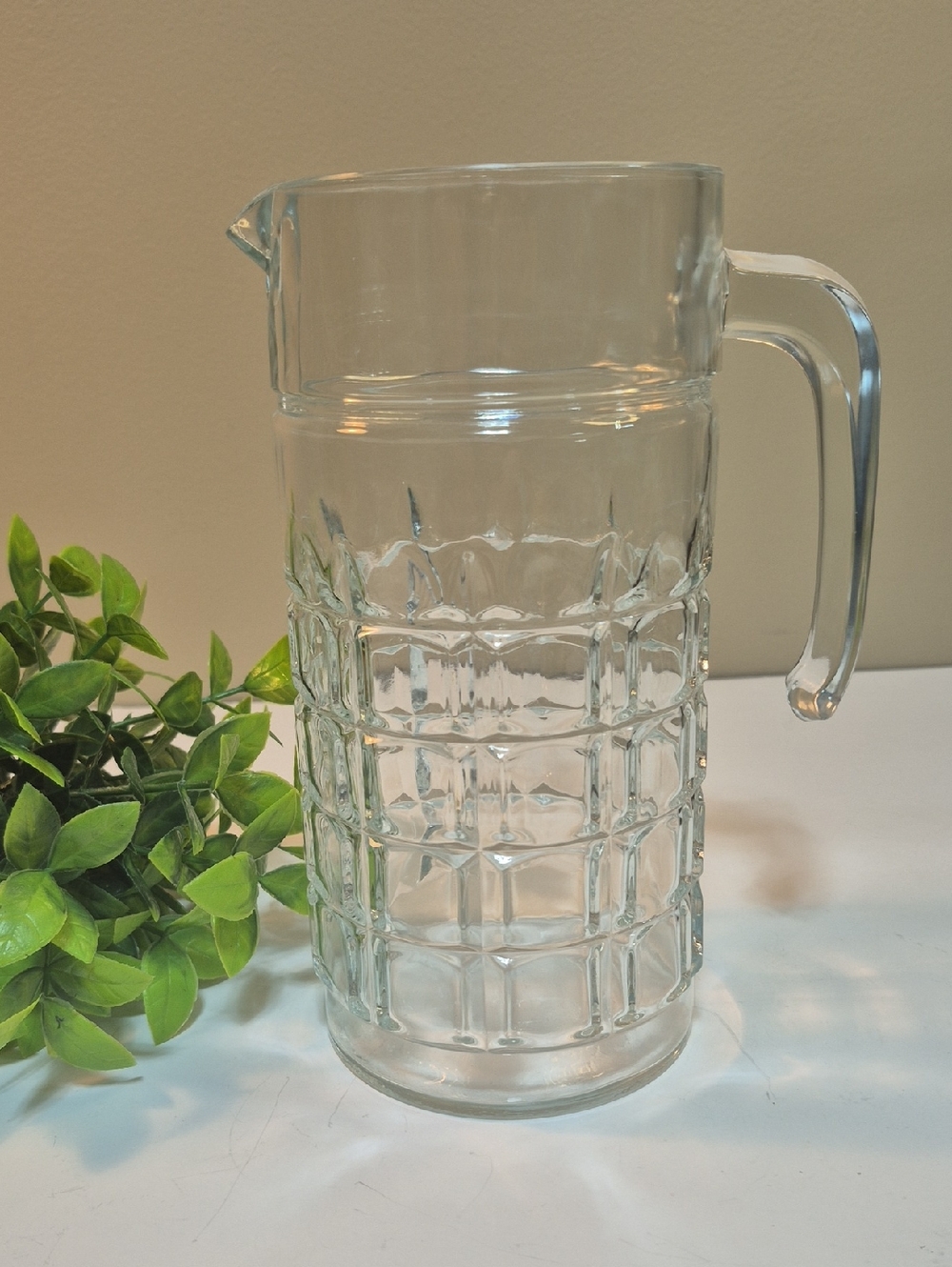 VINTAGE Clear Glass Straight Pitcher with Textured Grid Pattern